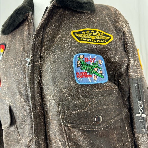 WII Style Bomber Jacket Boys XL (12-14) Brown Distressed Patches Flight Coat. - Picture 8 of 8